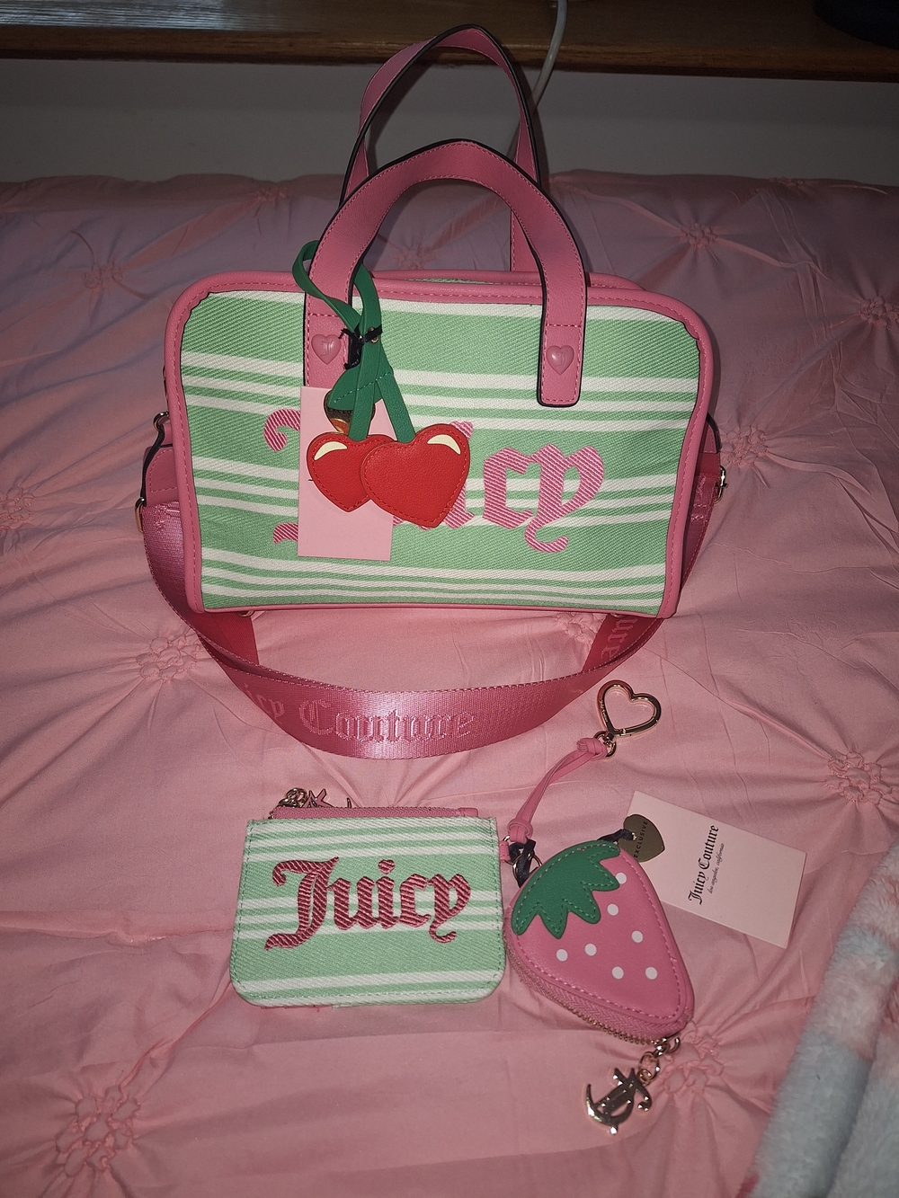 EXCLUSIVE Juicy Couture Pink & Mint Cherry-Strap Satchel Matching Wallet